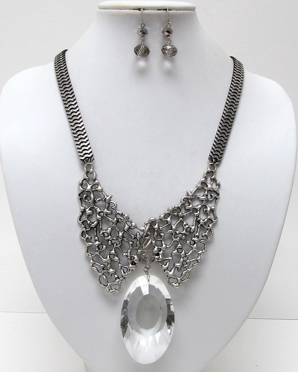 Metal small textured deco collar bib drop large crystal oval snake chain necklace earring set