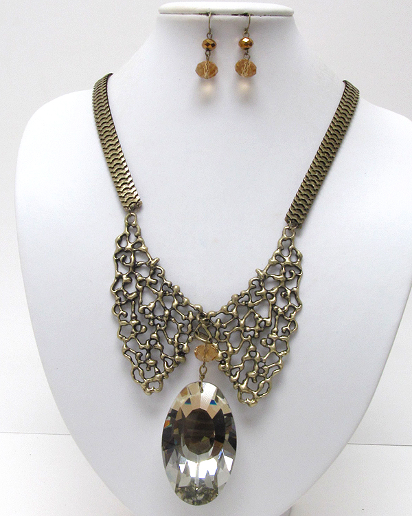 Metal small textured deco collar bib drop large crystal oval snake chain necklace earring set