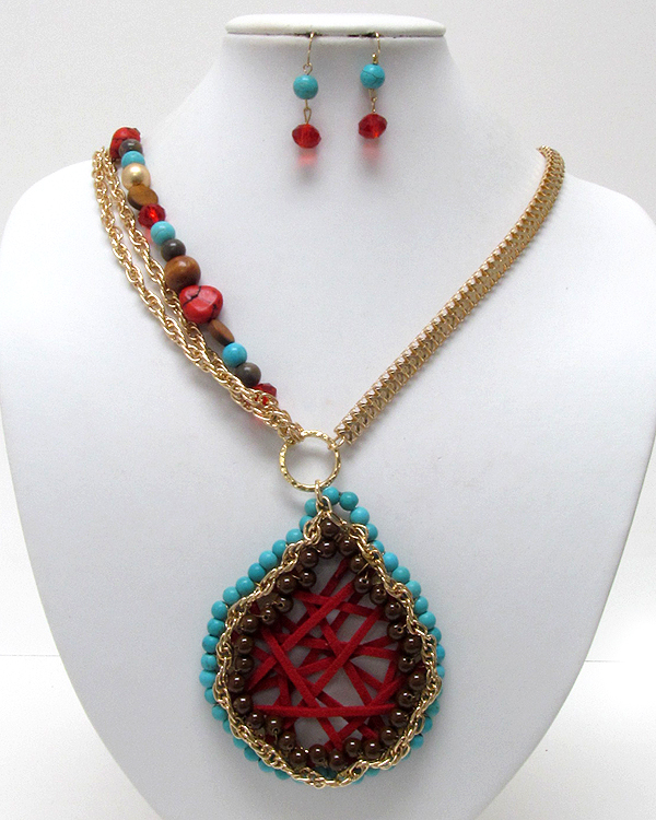 Braided thread on metal tear drop with chain and mix ball beads drop half snake chain and and mix stone with wood necklace earring set