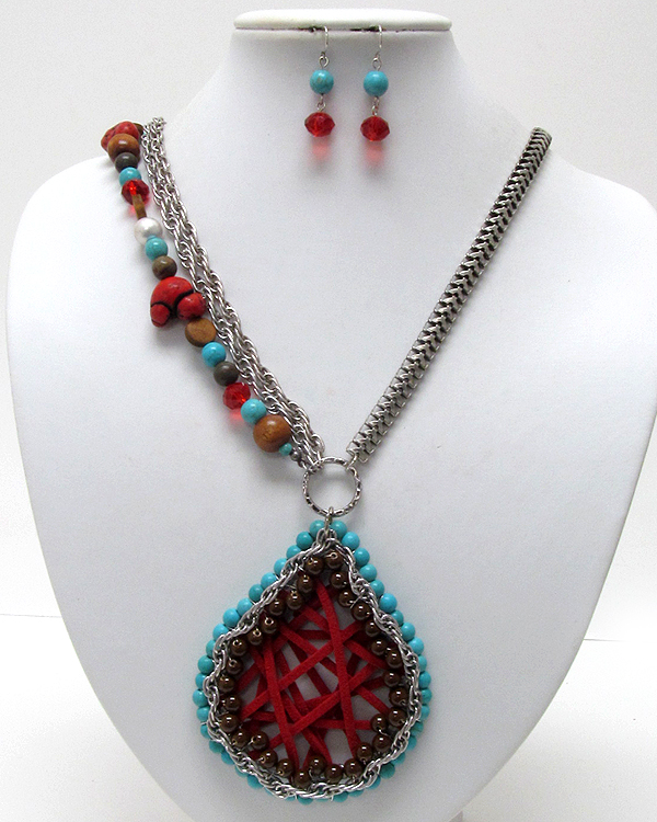 Braided thread on metal tear drop with chain and mix ball beads drop half snake chain and and mix stone with wood necklace earring set