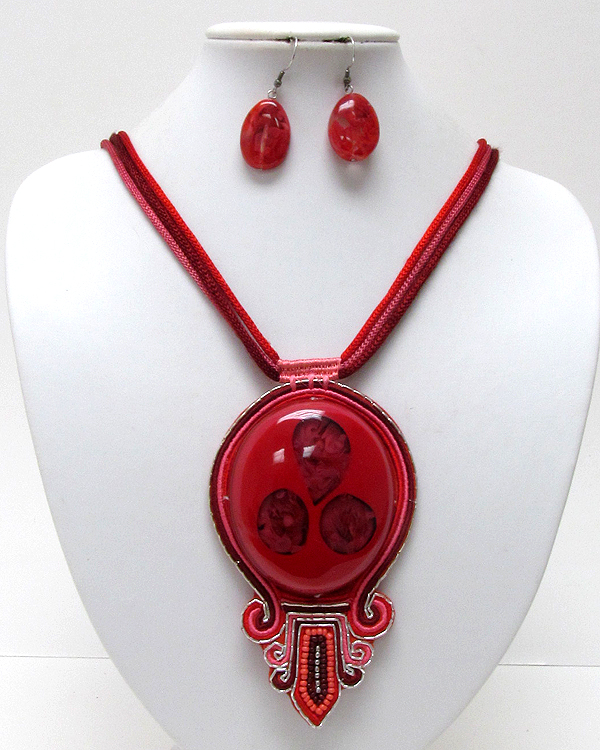 Tribal style art hand made large glass medallion drop cord necklace earring set