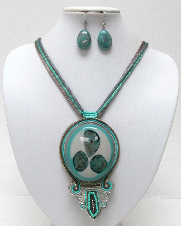 Tribal style art hand made large glass medallion drop cord necklace earring set