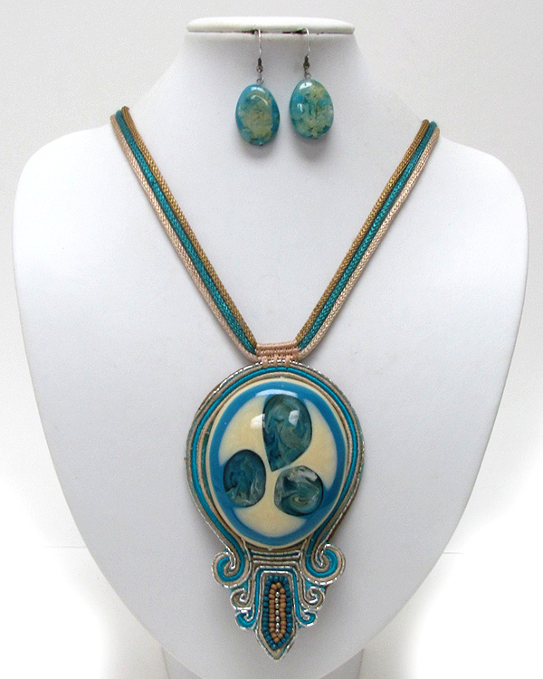 Tribal style art hand made large glass medallion drop cord necklace earring set