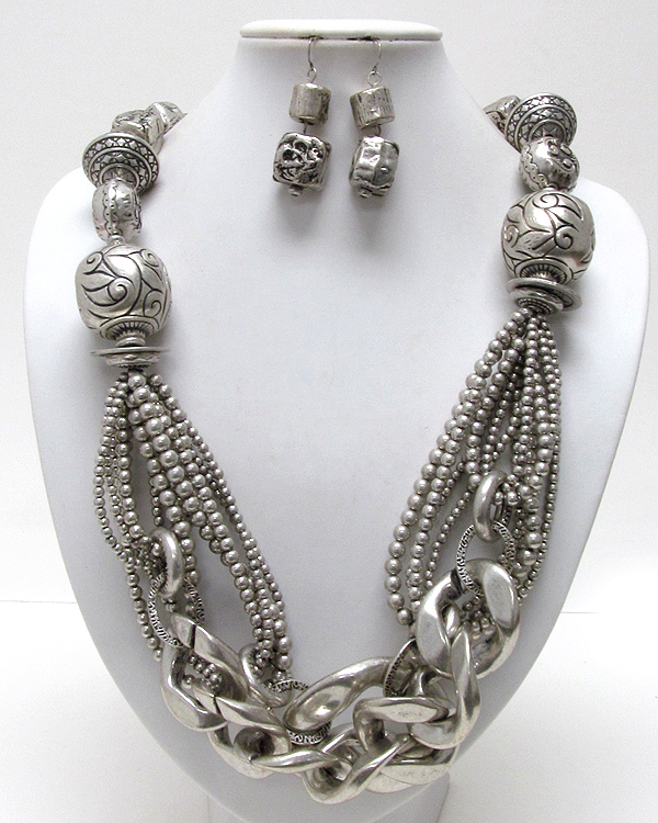 Multi metal texture shape and multi ball beads with thick chain  necklace earring set