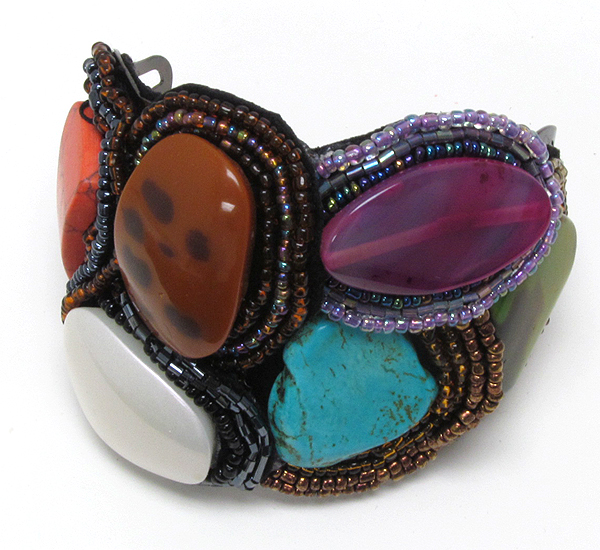 Multi stone and acryl stone with multi seed beads metal art fabric cuff beangle