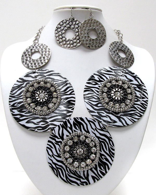 Multi crystal and snake chain on large metal disks zebra print chain necklace earring set