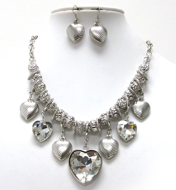 Multi crystal and metal heart charm with metal multi textured balls dangle necklace earring set