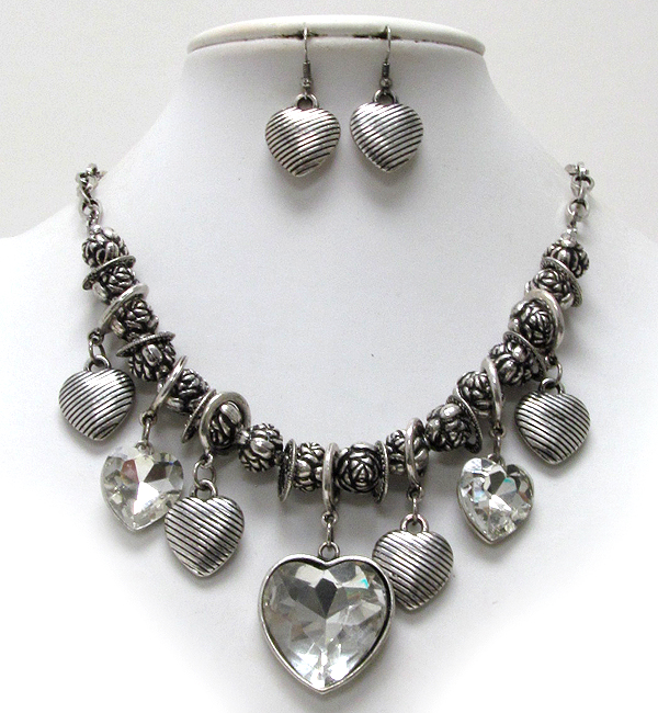 Multi crystal and metal heart charm with metal multi textured balls dangle necklace earring set