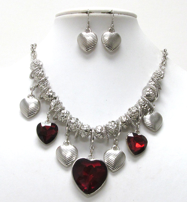 Multi crystal and metal heart charm with metal multi textured balls dangle necklace earring set