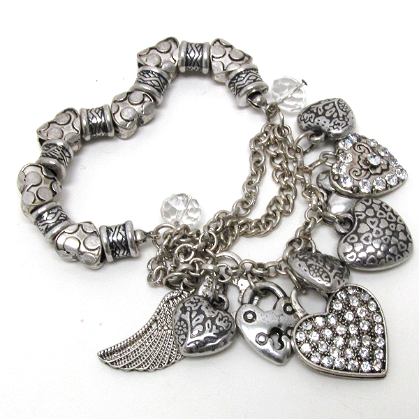 Multi crystal metal textured heart dangle chain and stretch bracelet