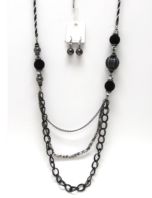 Crystal glass with fabric and metal balls and  multi mixed metal chain with fabric long necklace earring set