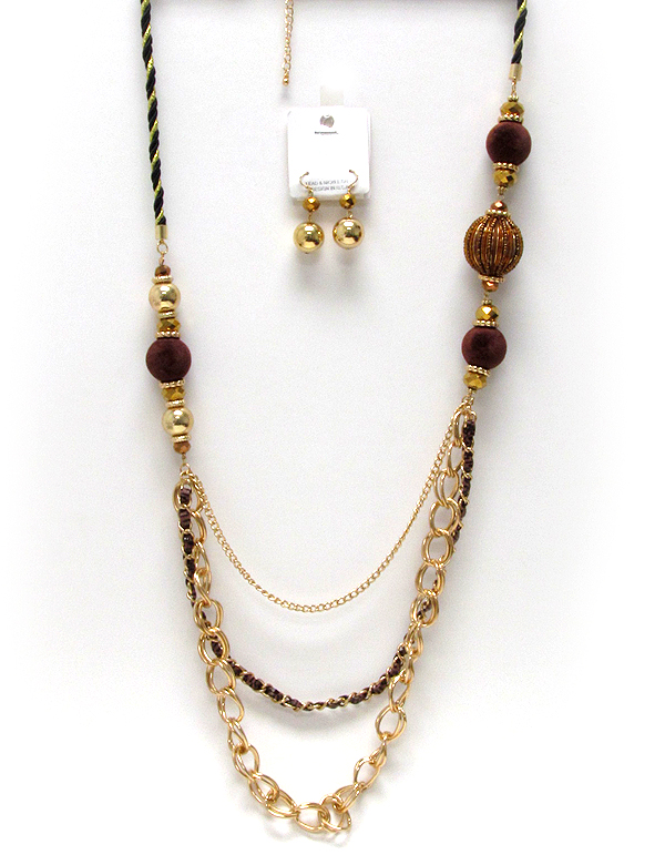 Crystal glass with fabric and metal balls and  multi mixed metal chain with fabric long necklace earring set