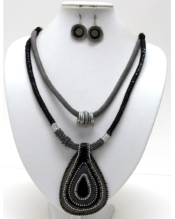 Tear drop hand made leather and fabric with multi seed beads and two fabric necklace earring set