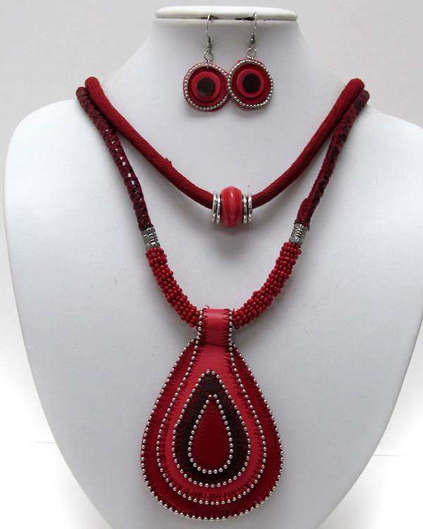 Tear drop hand made leather and fabric with multi seed beads and two fabric necklace earring set