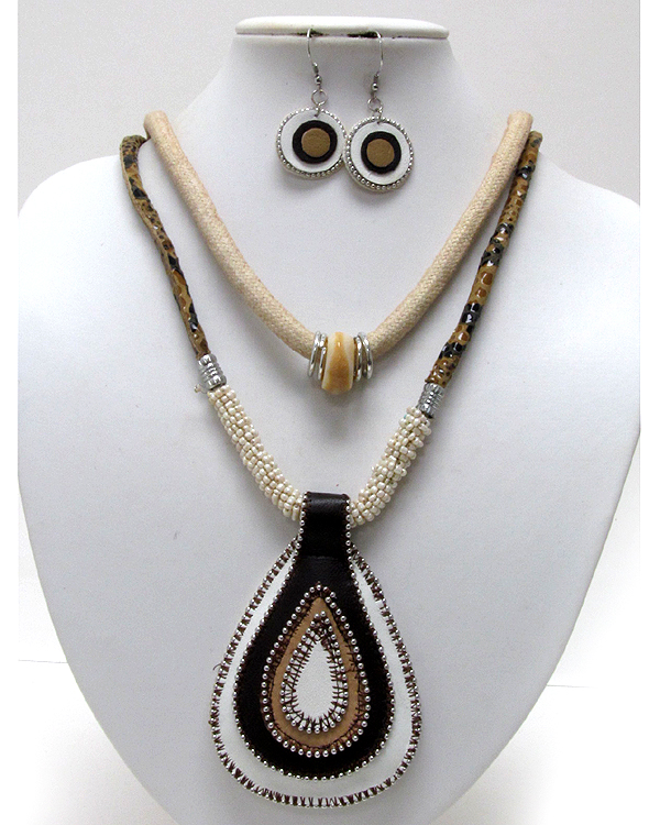 Tear drop hand made leather and fabric with multi seed beads and two fabric necklace earring set