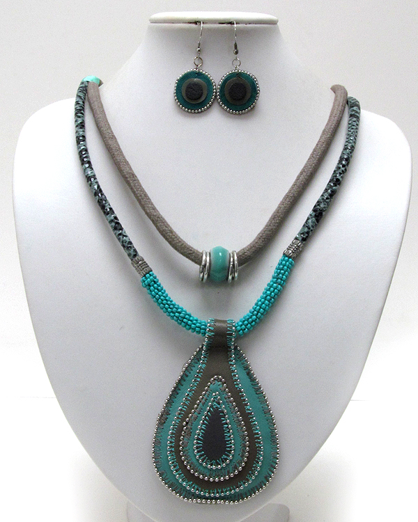 Tear drop hand made leather and fabric with multi seed beads and two fabric necklace earring set