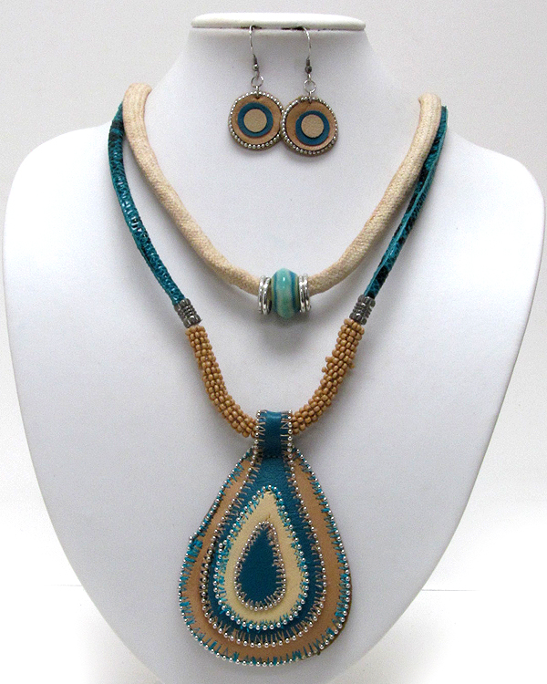 Tear drop hand made leather and fabric with multi seed beads and two fabric necklace earring set