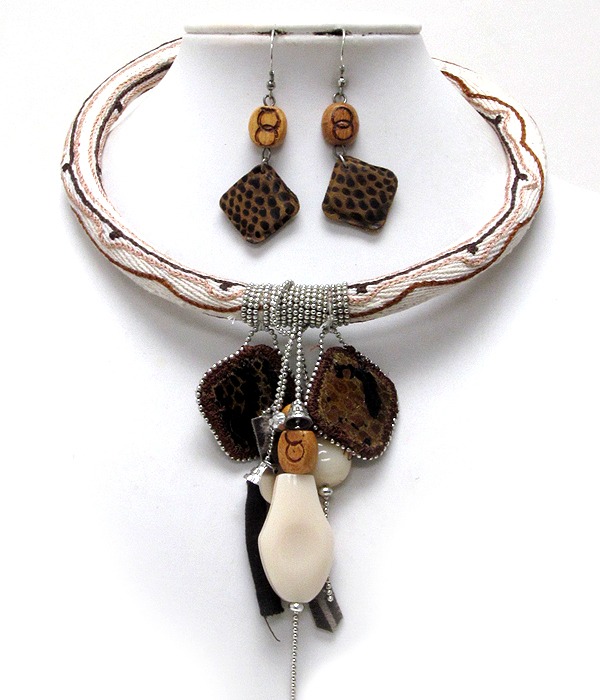 Metal beads round drop acryl stones and leather drop dangle fabric choker set