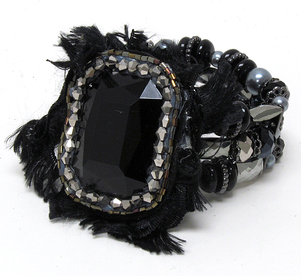 Multi mixed crystal glass and pearl beads and rectangle glass stone with fabric strech bracelet