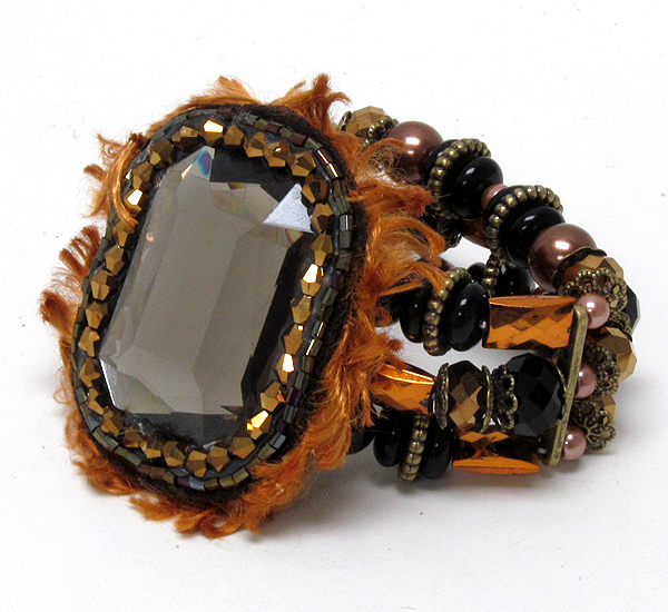 Multi mixed crystal glass and pearl beads and rectangle glass stone with fabric strech bracelet