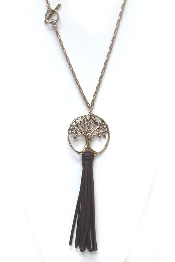 Metal life tree with suede tassel drop necklace