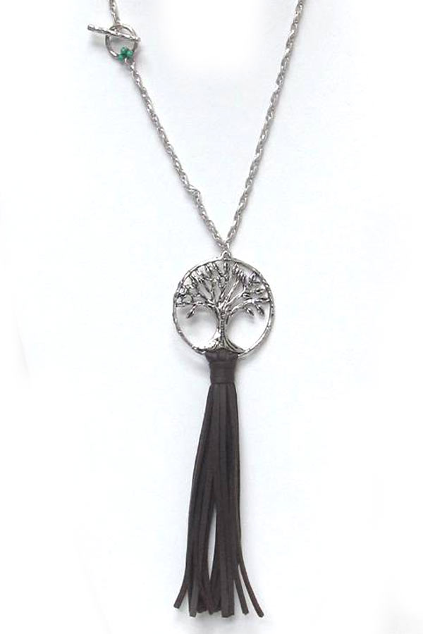 Metal life tree with suede tassel drop necklace