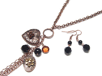 Crystal filigree heart locket and tassel necklace and earring set