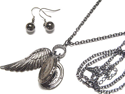 Angel wing and locket charm necklace and earring set