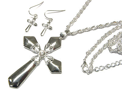 Crystal post cross brass metal necklace and earring set