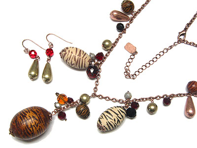 Animal print wooden beads and vintage metal ball necklace and earring set