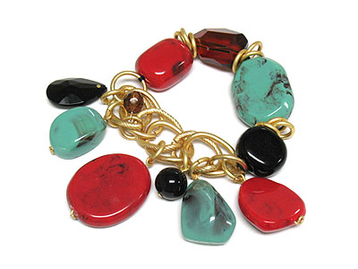 Multi natural and metal beads dangle stretch bracelet - coral and turquoise