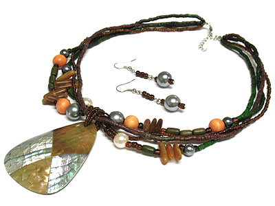 Natural material shell and beads multi strand necklace and earring set