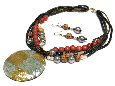 Natural material shell and beads multi strand necklace and earring set