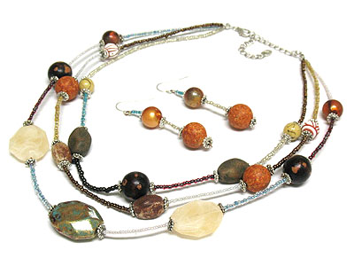 Fatina beads -and natural stone triple strand necklace and earring set