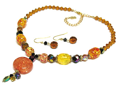 Amber tone glittering candy beads necklace and earring set