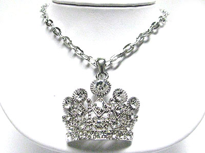 Crystal large crown pendant long chain necklace