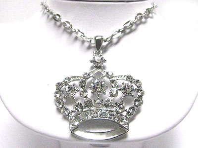 Crystal large crown pendant long chain necklace