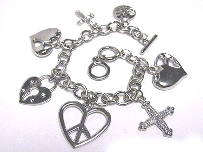 Heart peace and cross charm dangle toggle bracelet