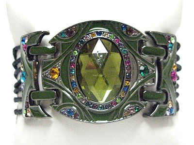 Facet stone and multi color crystal deco eameled metal link bracelet