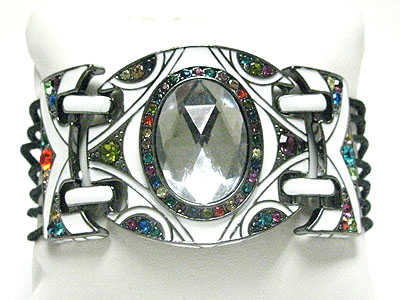 Facet stone and multi color crystal deco eameled metal link bracelet