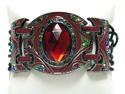 Facet stone and multi color crystal deco eameled metal link bracelet