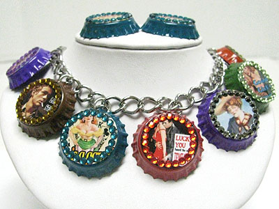 Bottle cap art charm dangle necklace set