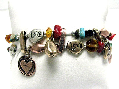 Multi beads and charm two line stretch bracelet