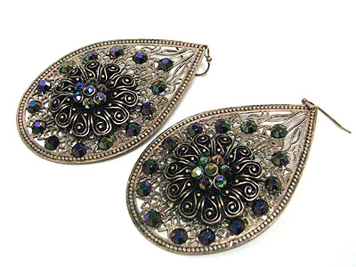 Metallic stone stud filigree metal oval earring