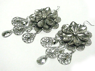 Metallic stone stud filigree metal flower and drop earring