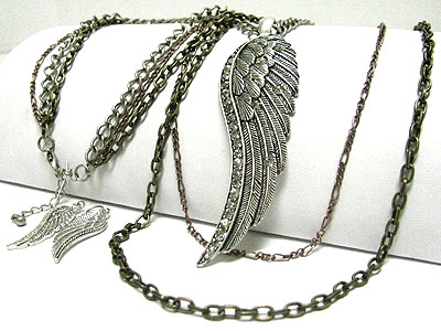 Crystal line angel wing and multi strand long chain necklace set