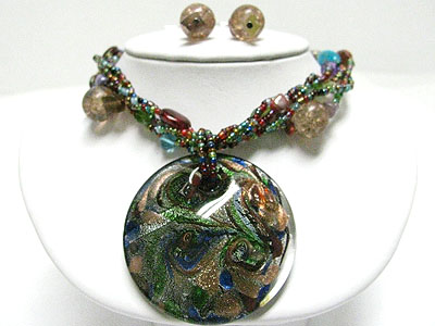 Murano glass disk pendant multi beads neckalace set