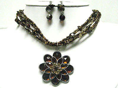 Crystal and glass flower pendant and multi row beads necklace set