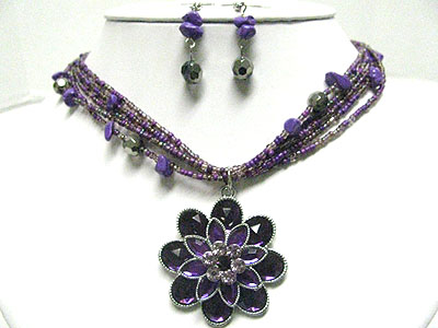 Crystal and glass flower pendant and multi row beads necklace set