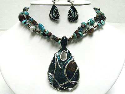 Epoxy metal art work tear pendant multi beads necklace set